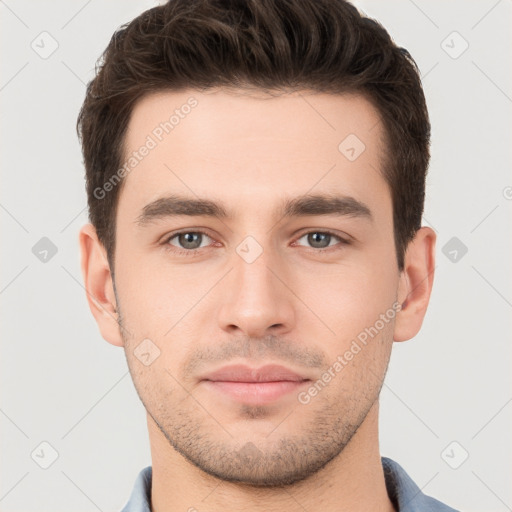 Neutral white young-adult male with short  brown hair and brown eyes