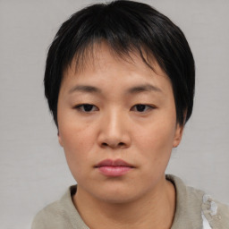 Neutral asian young-adult female with short  black hair and brown eyes