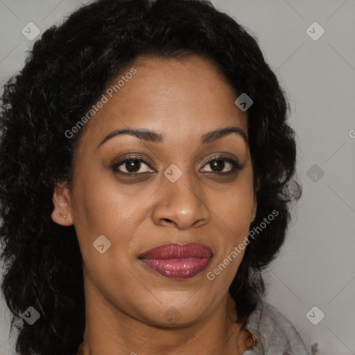 Joyful latino young-adult female with long  black hair and brown eyes