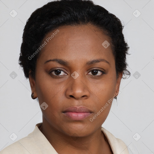 Neutral black young-adult female with short  brown hair and brown eyes