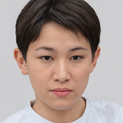 Neutral white young-adult female with short  brown hair and brown eyes