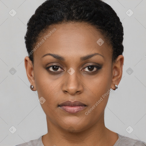 Neutral black young-adult female with short  black hair and brown eyes