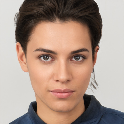 Neutral white young-adult female with short  brown hair and brown eyes