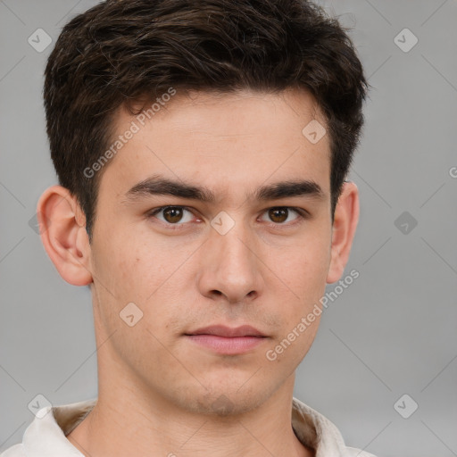 Neutral white young-adult male with short  brown hair and brown eyes