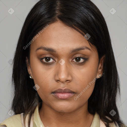 Neutral asian young-adult female with medium  brown hair and brown eyes