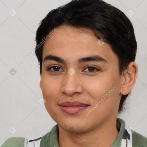 Joyful white young-adult female with short  brown hair and brown eyes