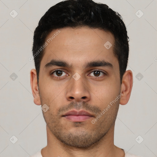 Neutral latino young-adult male with short  black hair and brown eyes