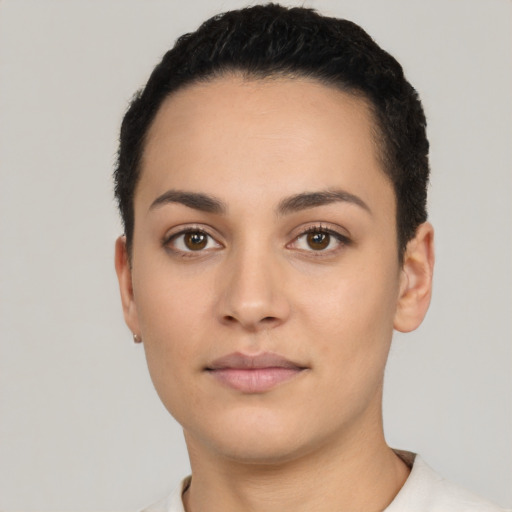 Neutral latino young-adult female with short  black hair and brown eyes