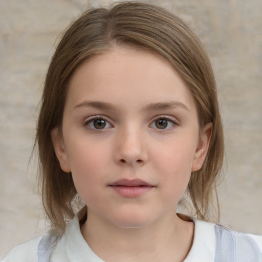 Neutral white child female with medium  brown hair and grey eyes