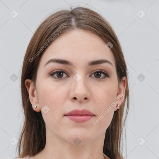 Neutral white young-adult female with medium  brown hair and grey eyes