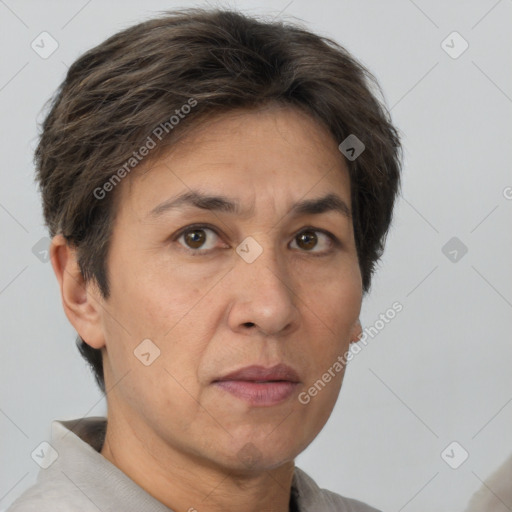 Neutral white adult female with short  brown hair and brown eyes