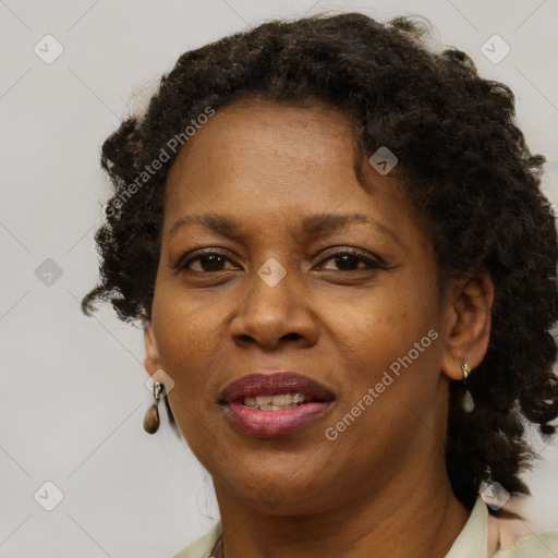 Joyful black adult female with short  brown hair and brown eyes