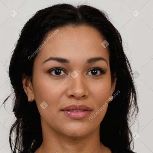 Joyful latino young-adult female with long  brown hair and brown eyes