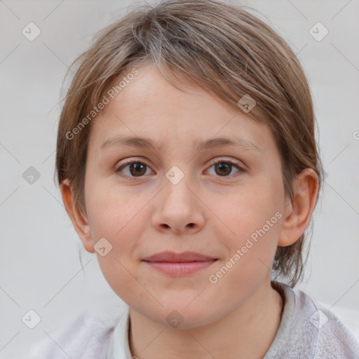 Joyful white child female with medium  brown hair and brown eyes