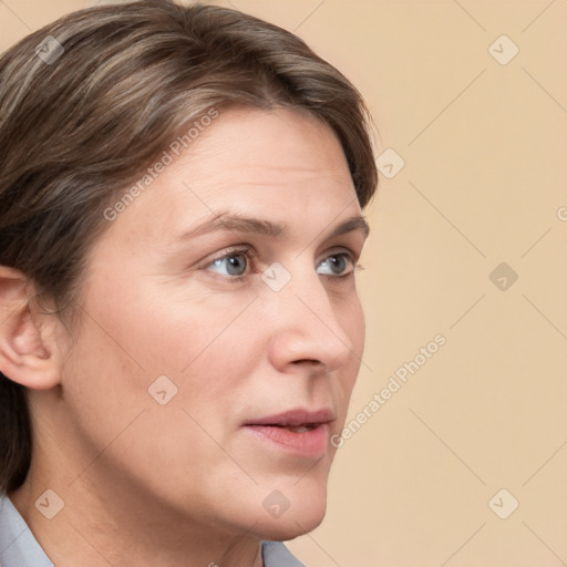 Neutral white young-adult female with medium  brown hair and brown eyes