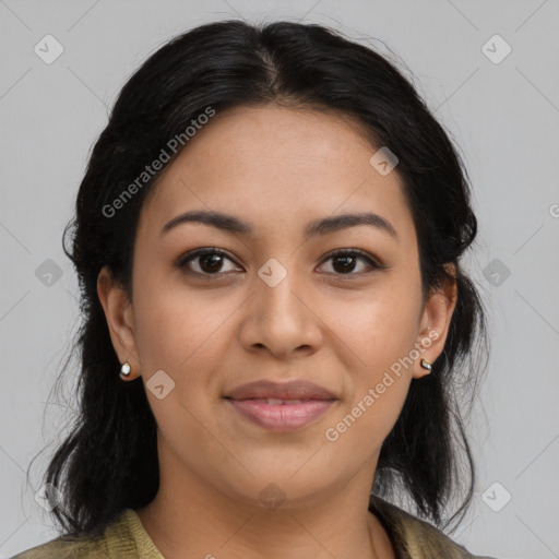 Joyful latino young-adult female with medium  brown hair and brown eyes