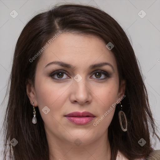 Joyful white young-adult female with long  brown hair and grey eyes