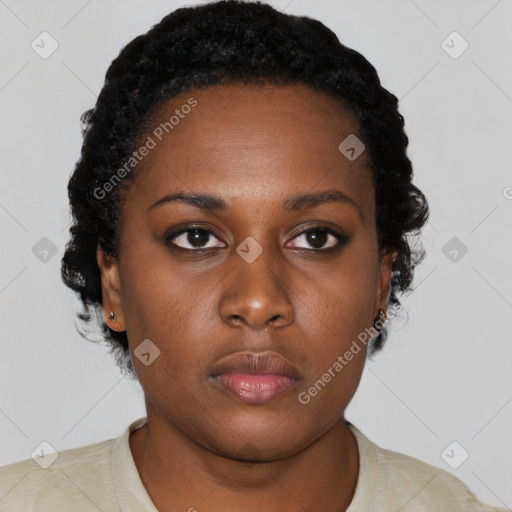 Neutral black young-adult female with short  black hair and brown eyes