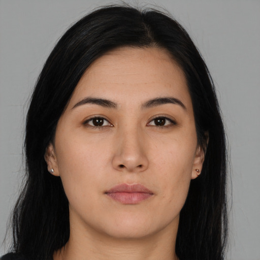 Neutral asian young-adult female with long  black hair and brown eyes