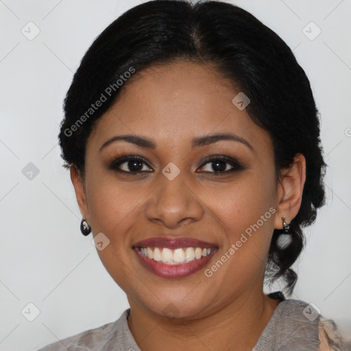 Joyful asian young-adult female with medium  black hair and brown eyes