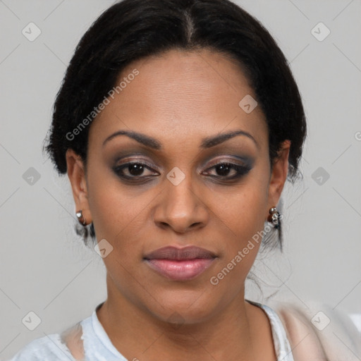 Joyful latino young-adult female with short  brown hair and brown eyes