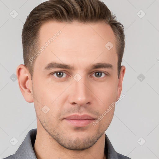 Neutral white young-adult male with short  brown hair and grey eyes