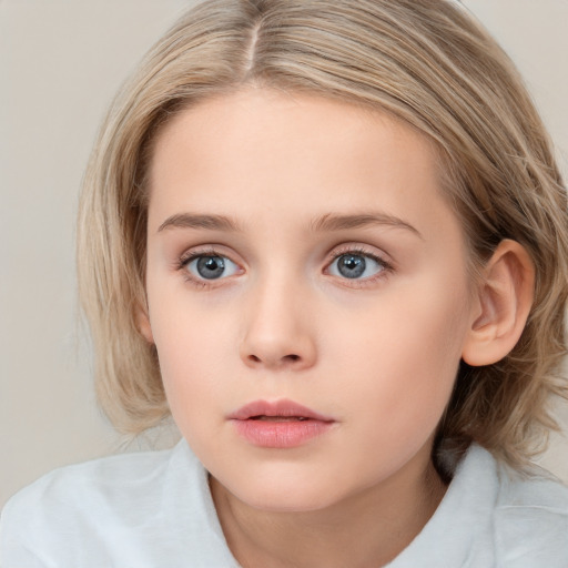 Neutral white child female with medium  brown hair and blue eyes