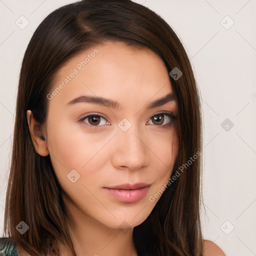 Neutral white young-adult female with long  brown hair and brown eyes