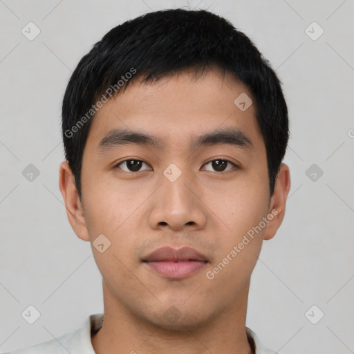 Neutral asian young-adult male with short  black hair and brown eyes