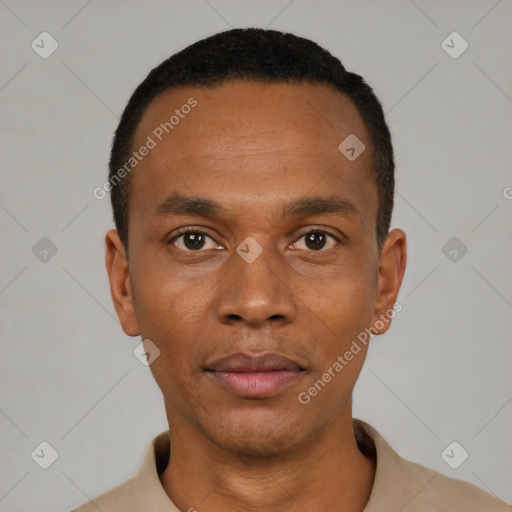Neutral black young-adult male with short  black hair and brown eyes