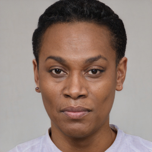 Neutral black young-adult female with short  black hair and brown eyes