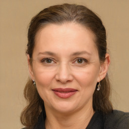 Joyful white adult female with medium  brown hair and grey eyes