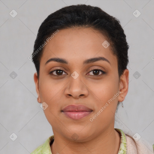 Joyful latino young-adult female with short  brown hair and brown eyes