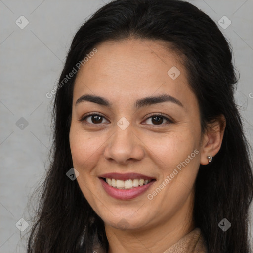 Joyful latino young-adult female with long  brown hair and brown eyes