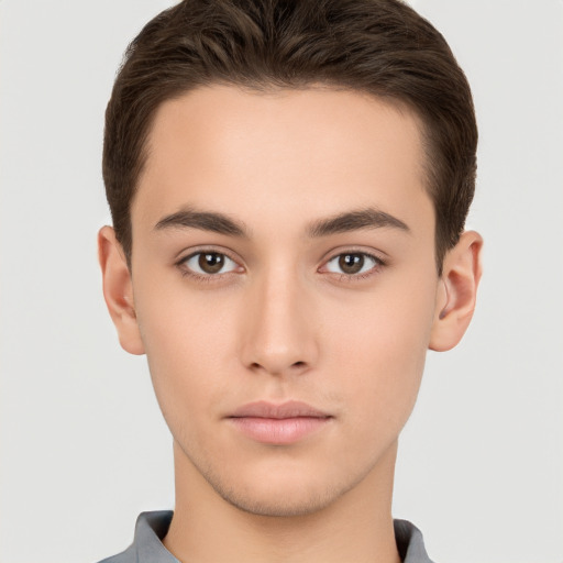 Neutral white young-adult male with short  brown hair and brown eyes