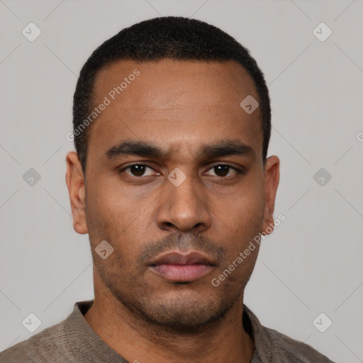 Neutral latino young-adult male with short  black hair and brown eyes