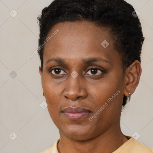 Neutral black young-adult female with short  brown hair and brown eyes