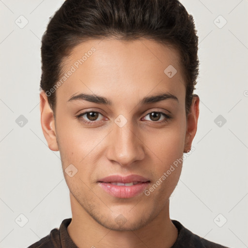 Joyful white young-adult female with short  brown hair and brown eyes