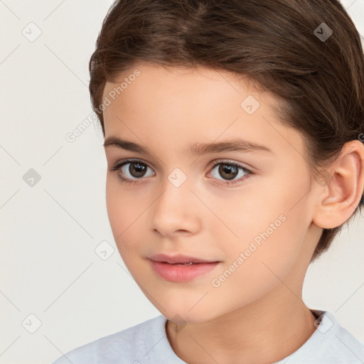 Joyful white child female with medium  brown hair and brown eyes