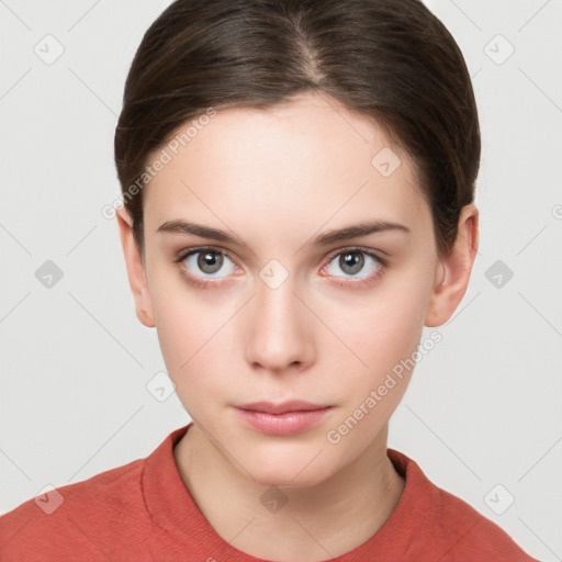 Neutral white young-adult female with short  brown hair and brown eyes