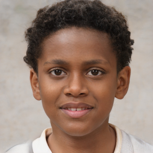 Joyful black child male with short  brown hair and brown eyes