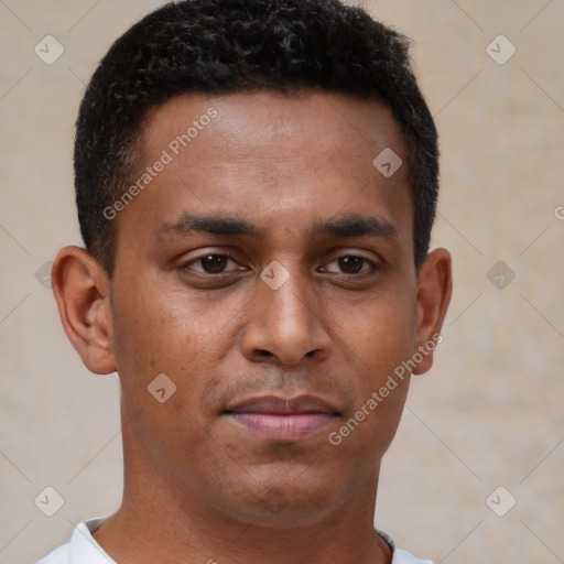 Neutral latino young-adult male with short  brown hair and brown eyes