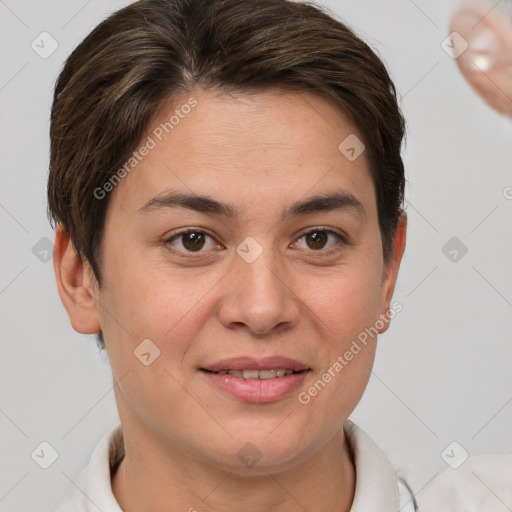 Joyful white young-adult female with short  brown hair and brown eyes