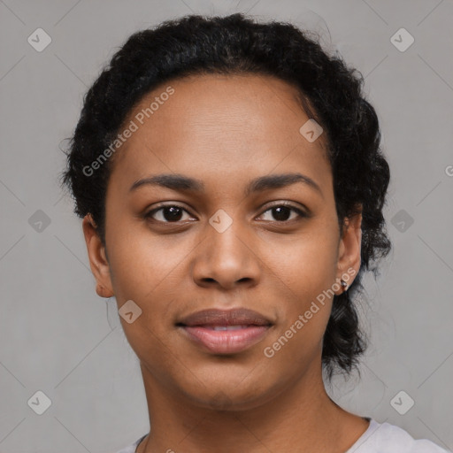 Joyful latino young-adult female with short  black hair and brown eyes