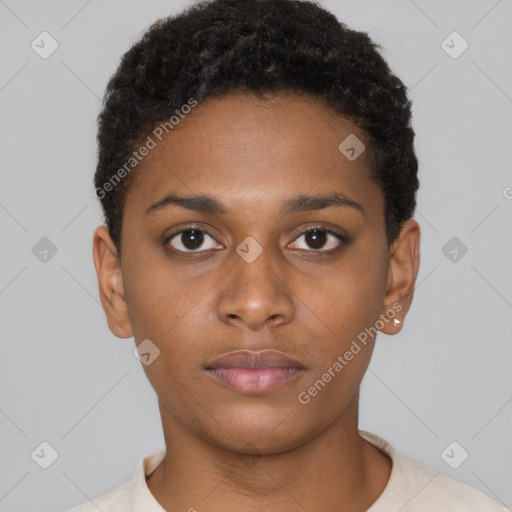 Neutral black young-adult female with short  brown hair and brown eyes