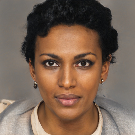 Neutral latino young-adult female with short  black hair and brown eyes
