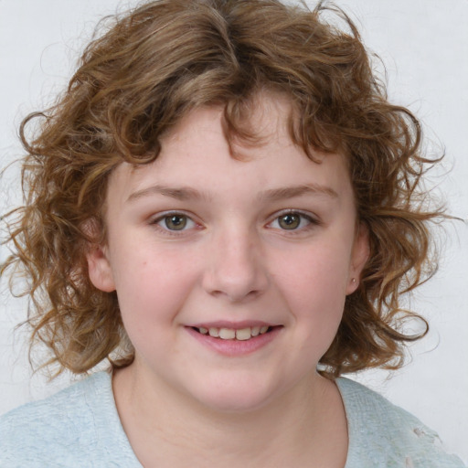 Joyful white child female with medium  brown hair and blue eyes