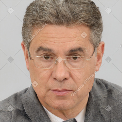 Neutral white middle-aged male with short  brown hair and brown eyes