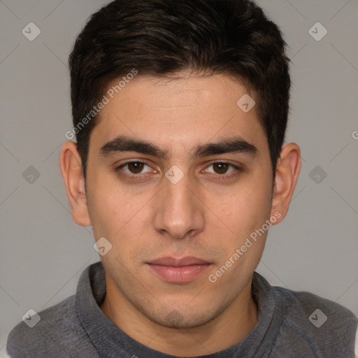 Neutral white young-adult male with short  brown hair and brown eyes