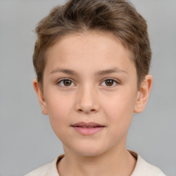 Joyful white child female with short  brown hair and brown eyes